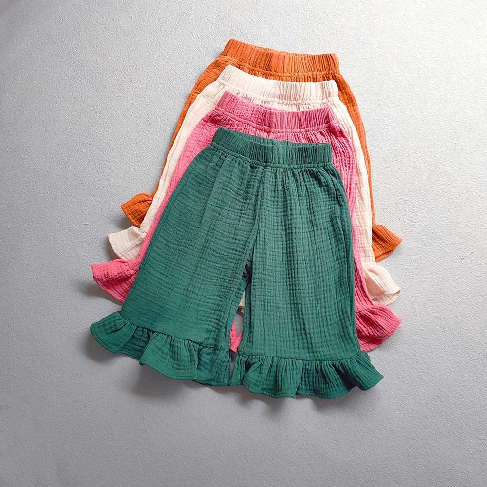 Trousers Childrens Clothing Girls Cotton Ruffled Flared Pants Summer Solid Color Casual Shorts Kids Baby Loose Ankle-Length H240423