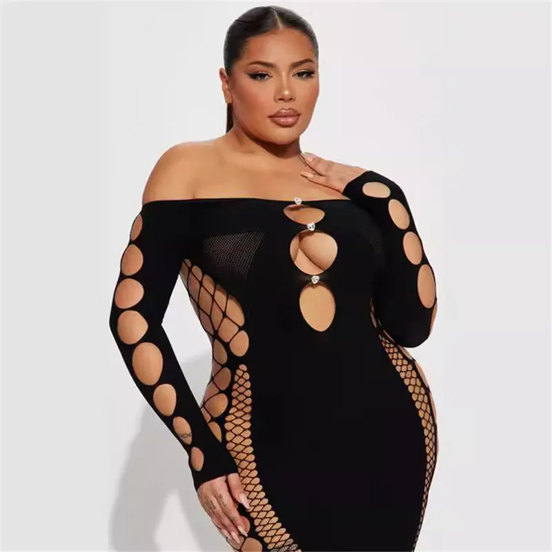 NEW Designer Sexy Hollow Out Dress Women Off Shoulder Mini Dresses Summer Bodycon Mesh See Through Dress Night Club Wear Wholesale Clothes 10980