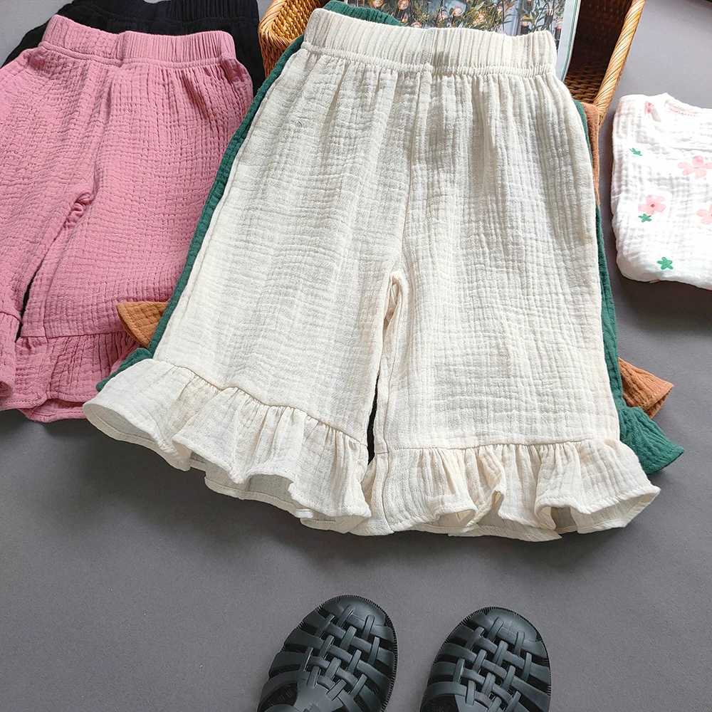 Trousers Spring Summer Korean Kid Baby Breathable Cotton Yarn Ruffle Capris Pants Casual Girl Wide Leg Girls Shorts Pink Beige H240423