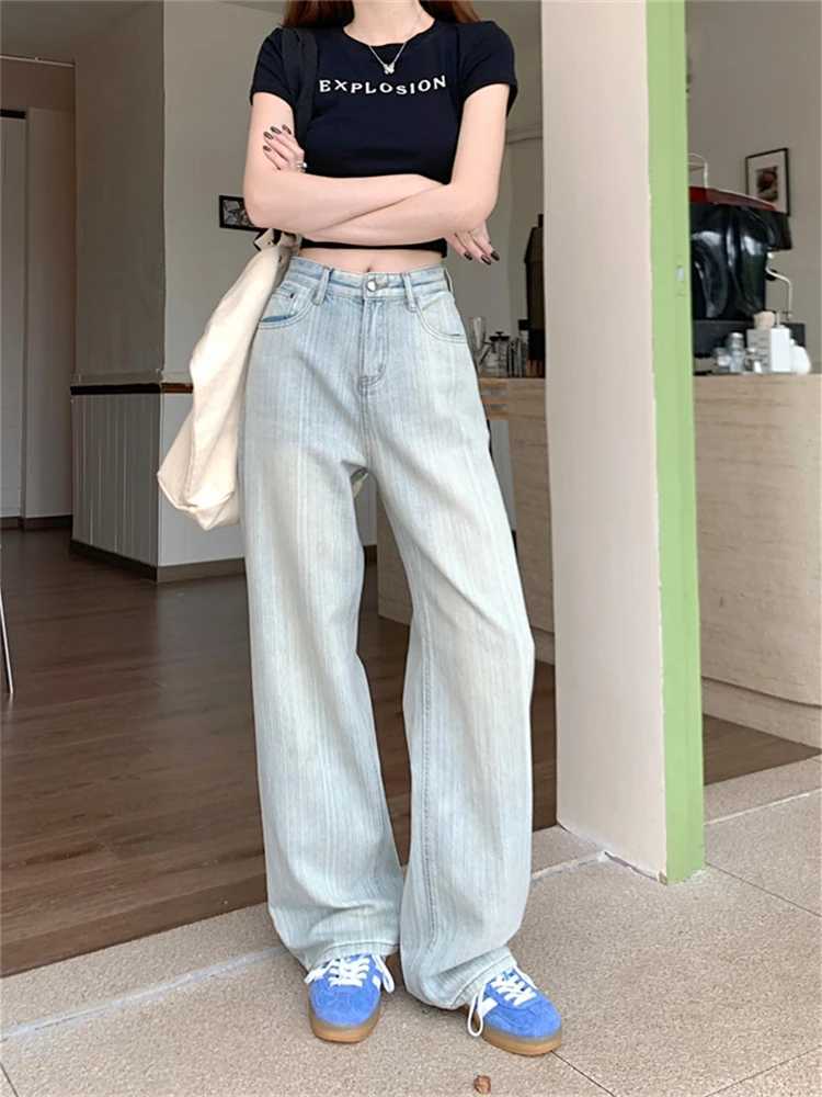 Jeans féminins femmes verticales à rayures verticales bleu clair jeans de style strt poche inférieur rétro jeune fille masse décontractée pantalon lâche y240422