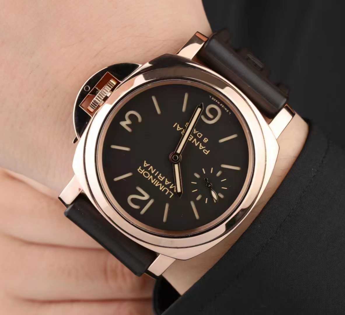 Pannerai Watch Luxury Designer 18K Rose Gold PAM00511 Manuel Mécanique Mentide 44 mm