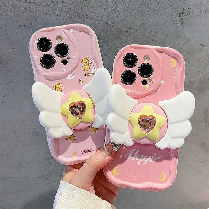 Бамперы сотового телефона Pink Star Wing Holder Cartoon Soft Phone Case для iPhone 15 Pro Max 12 13 Mini 14 плюс 11 Pro X XS Max XR 7 8 Plus Wave TPU CAPA Y240423