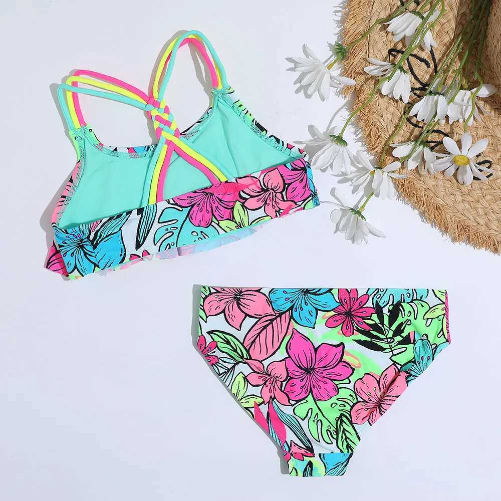 Swim Wear 4-18 anos Fluxo Girl Girl Swimsuit Kids Tropical Floral Duas peças Childrens Awaywear Crochet Strap Bikini Set Girls Ternos de banho 240423