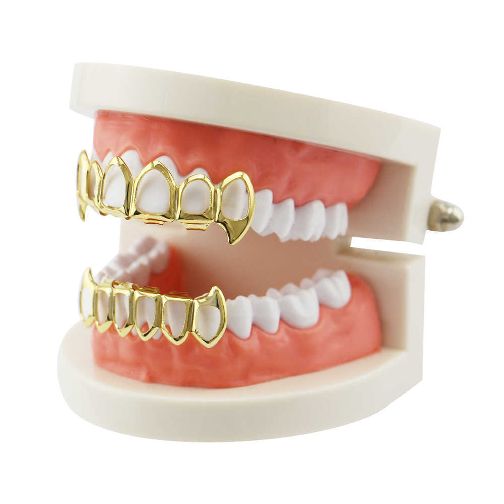 Grills Gold banhado 18k dentes de tigre oco completo dentes de hip hop para homens e mulheres Vampire Dentes Acessórios de Halloween