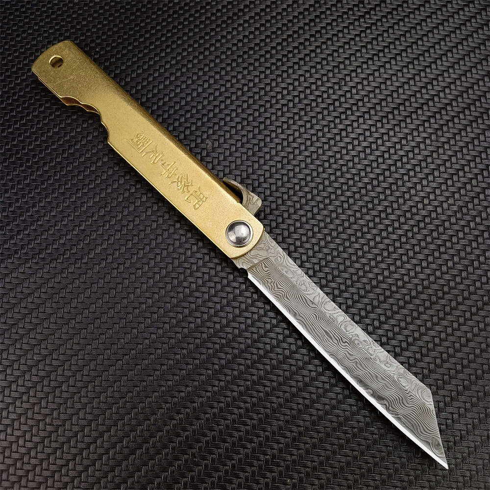 higonokami Japanese VG10 Damascus Steel Pocket折りたたみナイフキャンプ狩猟銅ハンドル屋外サバイバルEDCツール