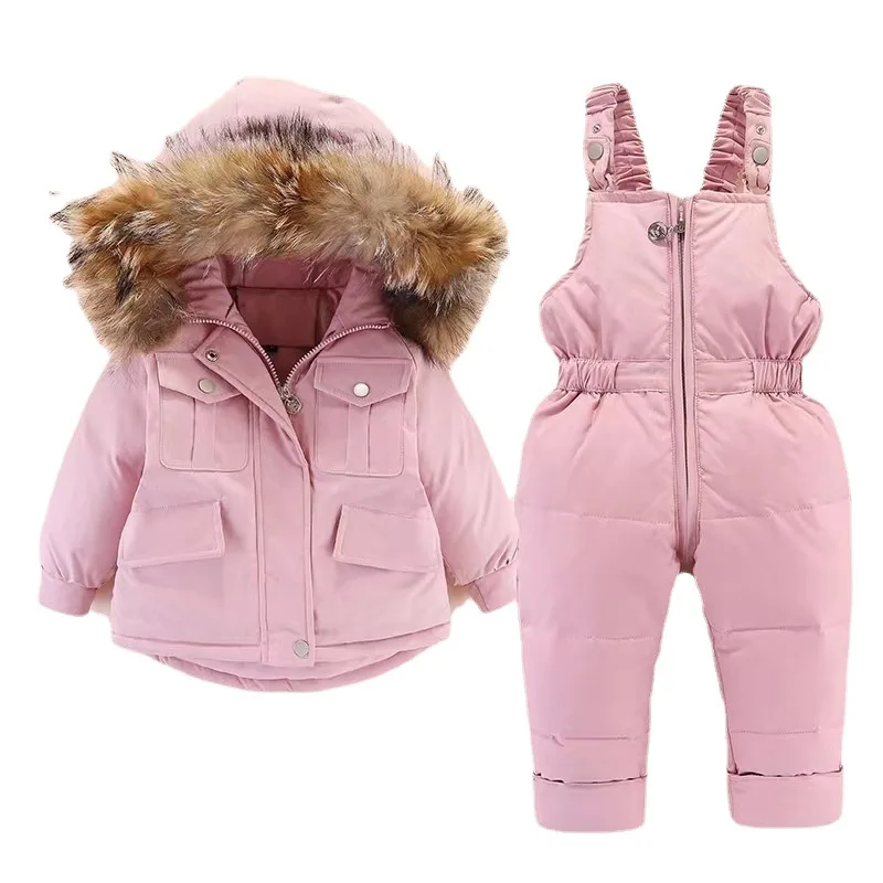 Coats 26 year old children's down jacket suit winter boys and girls thickened jumpsuit big fur collar thickened hooded jacket