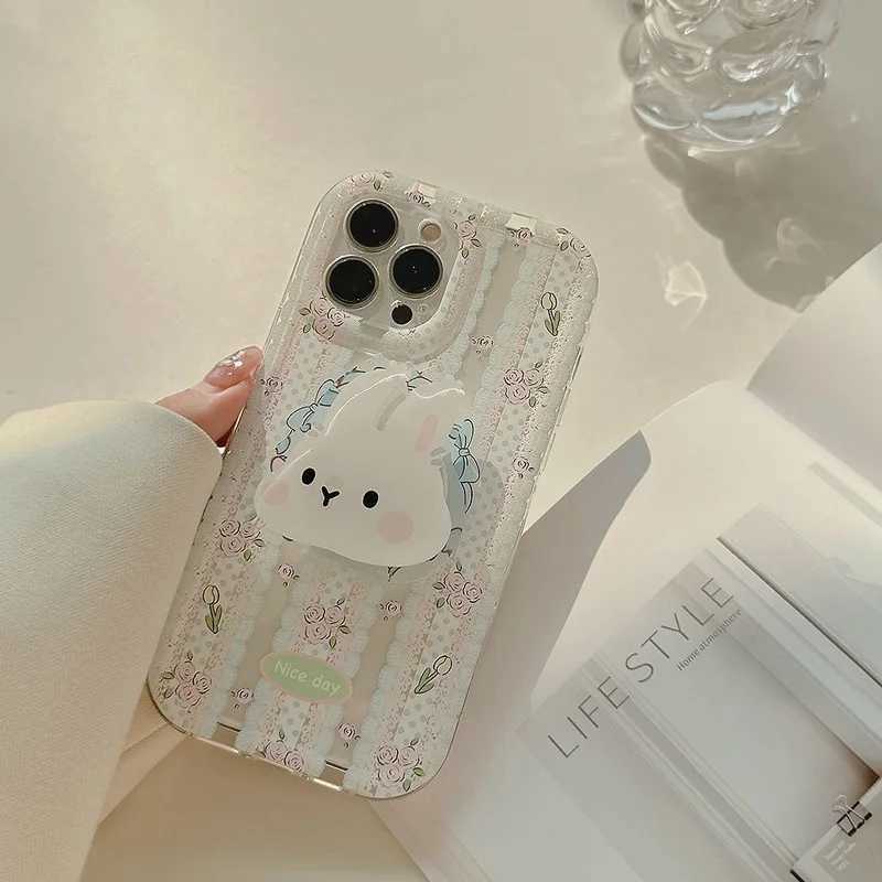 Mobiltelefonstötfångare Lace Gift Bunny Head Grip Tok Holder Soft Phone Case för iPhone 14 Pro Max 13 Pro 12 Mini X Xs Max XR 7 8 Plus 11 Pro SE 2020 Y240423