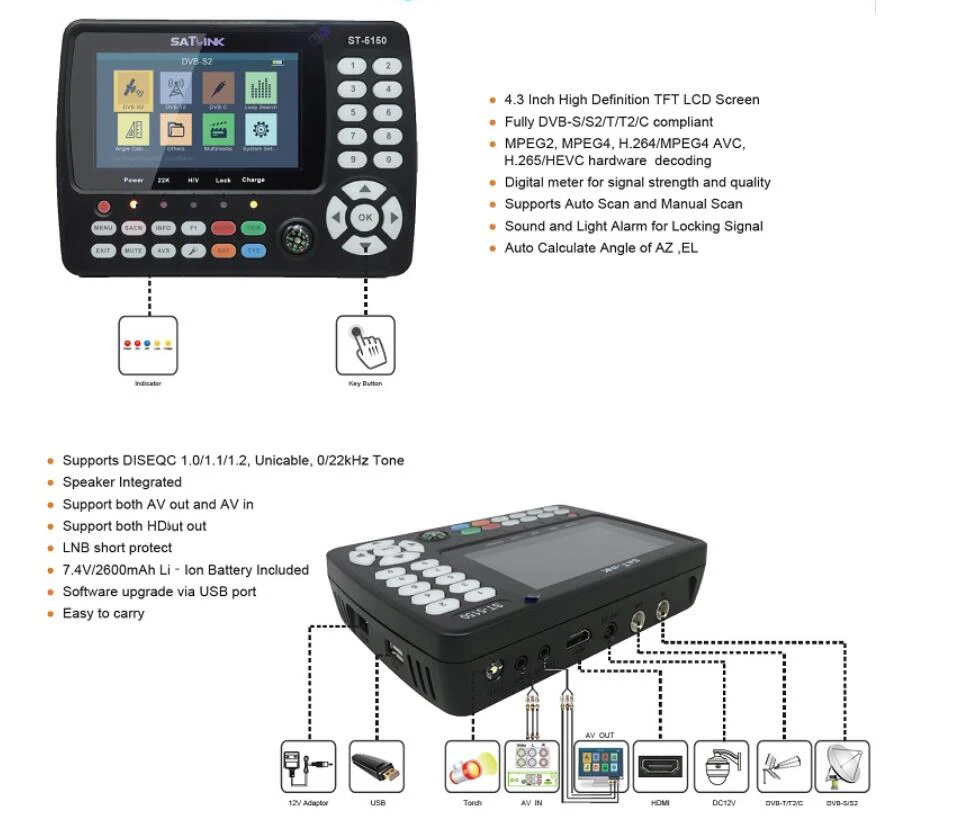 Finder Satlink ST 5150 H.265 DVBS2 DVBT/T2/C COMBO stöder QPSK Digital Satellite Meter Finder Satlink 6916 WS6933 KPT716TS