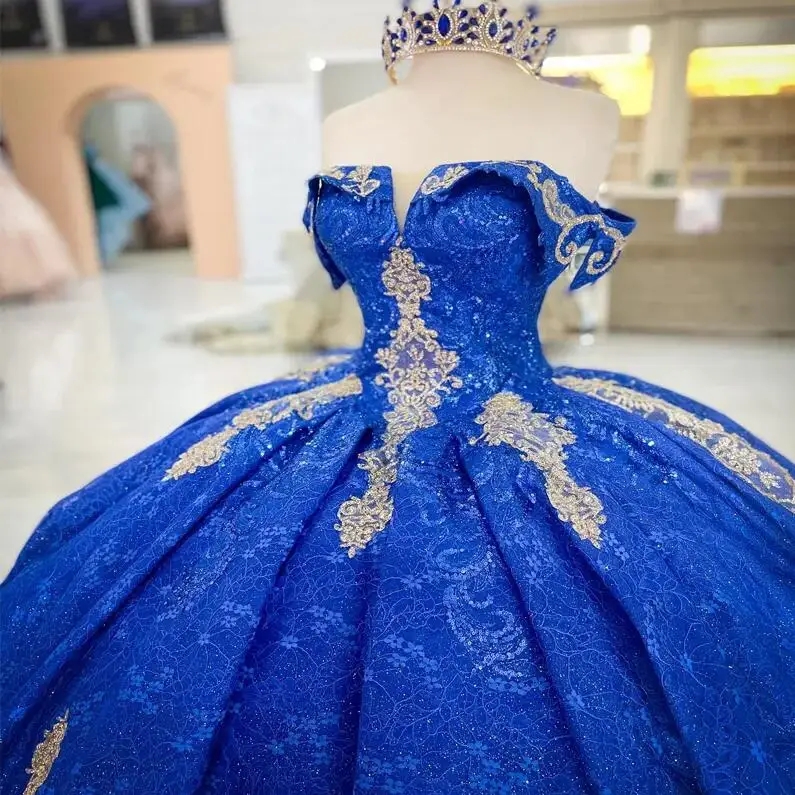 Royal Blue Princess Quinceanera Dresses Gold Lace Applique Off The Shoulder Charro Vestido De 15 Anos 2024 Sweet 16 Prom Gowns