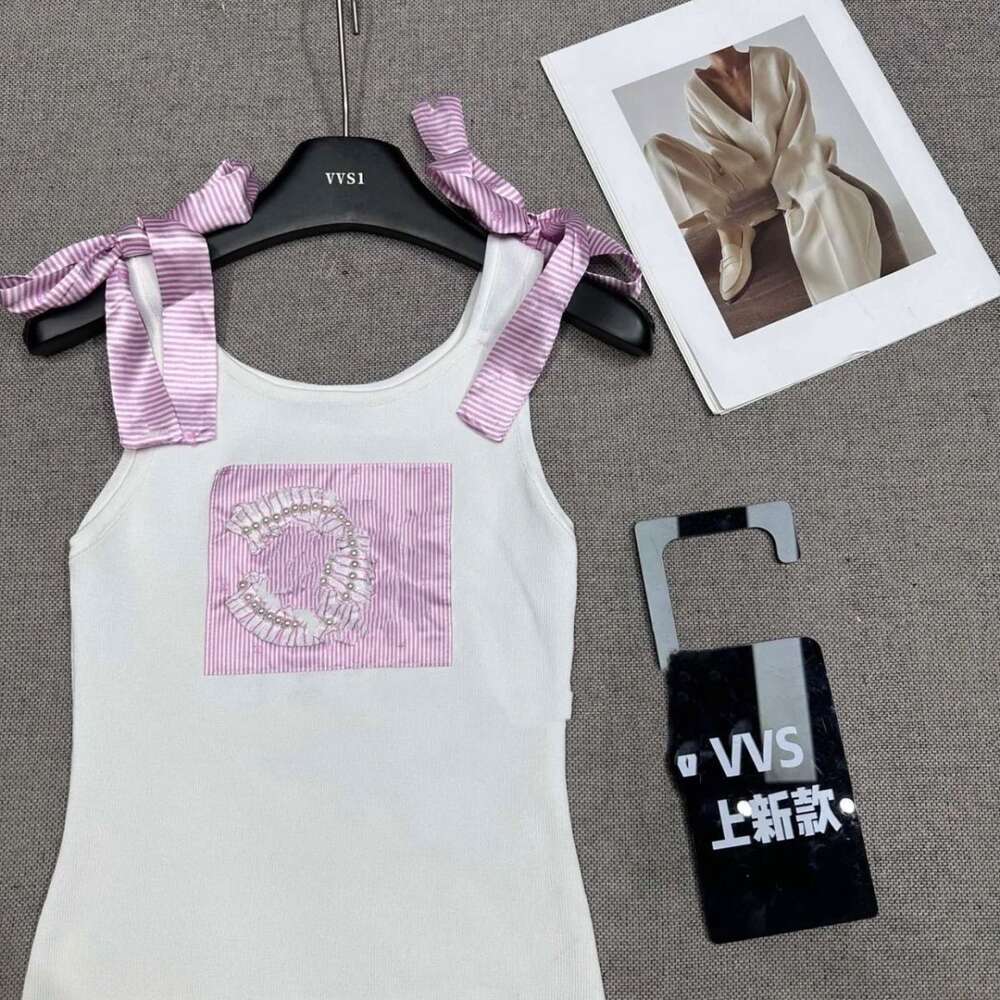 Designer brand loose embroidery High Quality Original Label Hang Tag Pink Lace Up Sweet Bow Strap Vest Slim Fit Sleeveless Top s