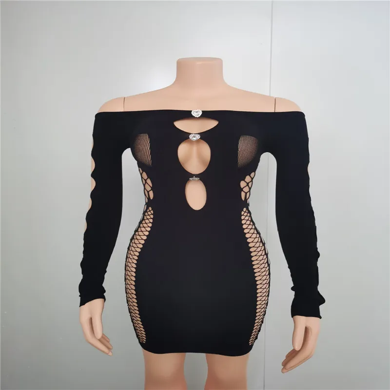NEW Designer Sexy Hollow Out Dress Women Off Shoulder Mini Dresses Summer Bodycon Mesh See Through Dress Night Club Wear Wholesale Clothes 10980