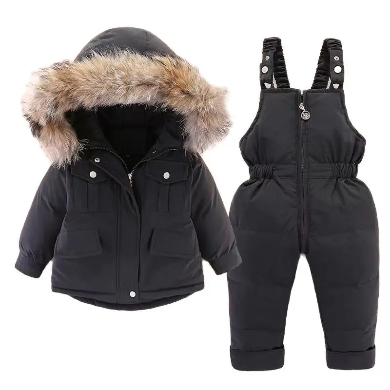 Coats 26 year old children's down jacket suit winter boys and girls thickened jumpsuit big fur collar thickened hooded jacket