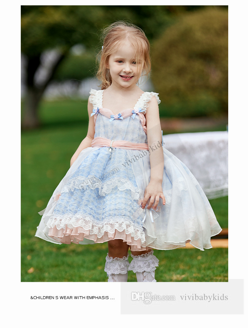 Lolita Girls en dentelle broderie princesse robes enfants arcs perlées ceinture randonnée suspension robe de fête des enfants