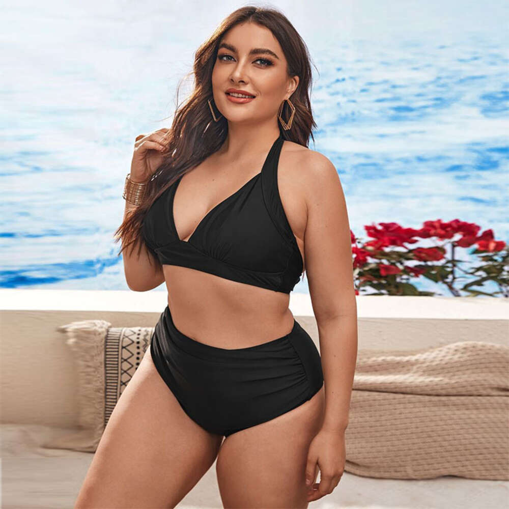 New Big Chest Fat Lady Large Split Solid Bikini High Waist Swimsuit for Women