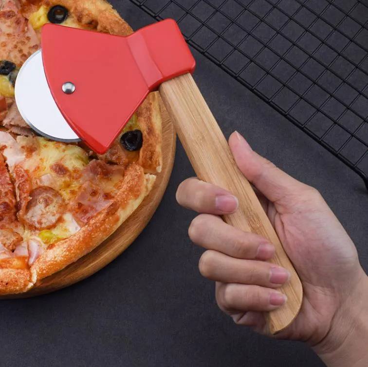 Fruit Vegetable Tools Tools Axe Bamboo Handle Pizza Cutter Rotating Blade Home Kitchen Cutting Tool Wholesale SN903