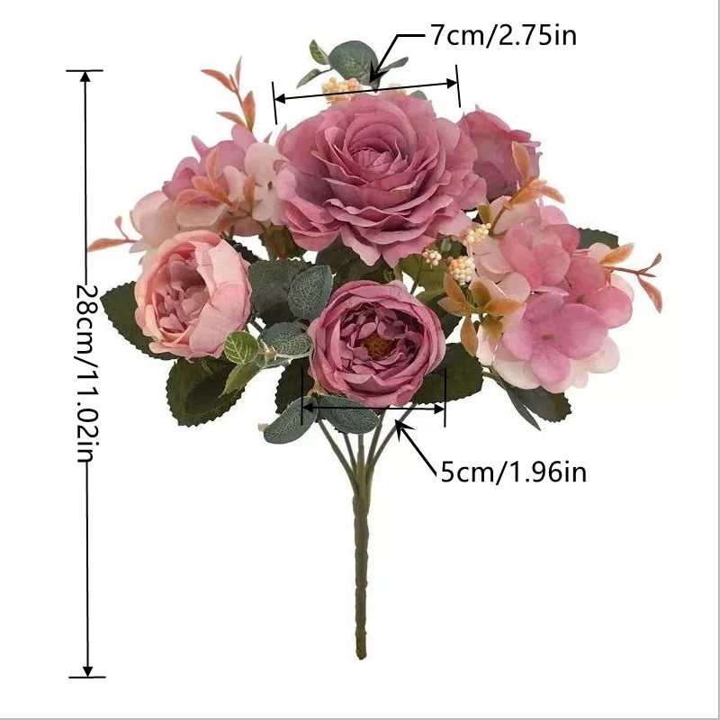 28cm Artificial Flowers Retro Silk Rose Bouquet Hydrangea Peony Vintage Bride Holding Fake Plants Home Wedding Decoration Accessories