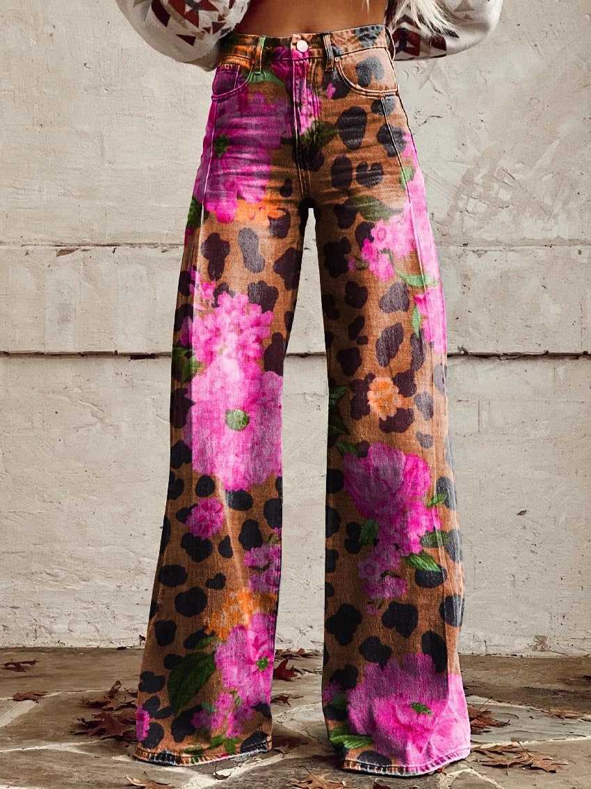 Women's Jeans Fashionable floral womens jeans high waist wide leg pants loose womens thin imitation jeans wide leg Y240422