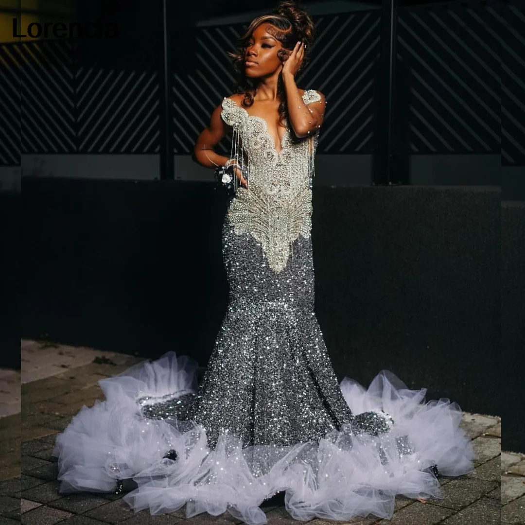 Luxury Silver Mermaid Sequins Prom Dress For Black Girls Handmade Diamond Beaded Party Gowns Vestidos De Gala