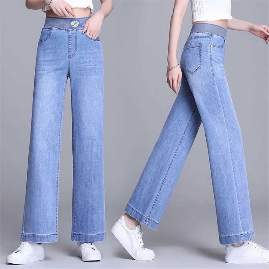 Kvinnors jeans överdimensionerade höga midja elastiska raka jeans kvinnor lapptäcke breda ben byxor baggy denim byxor casual vaqueros koreansk pantne y240422