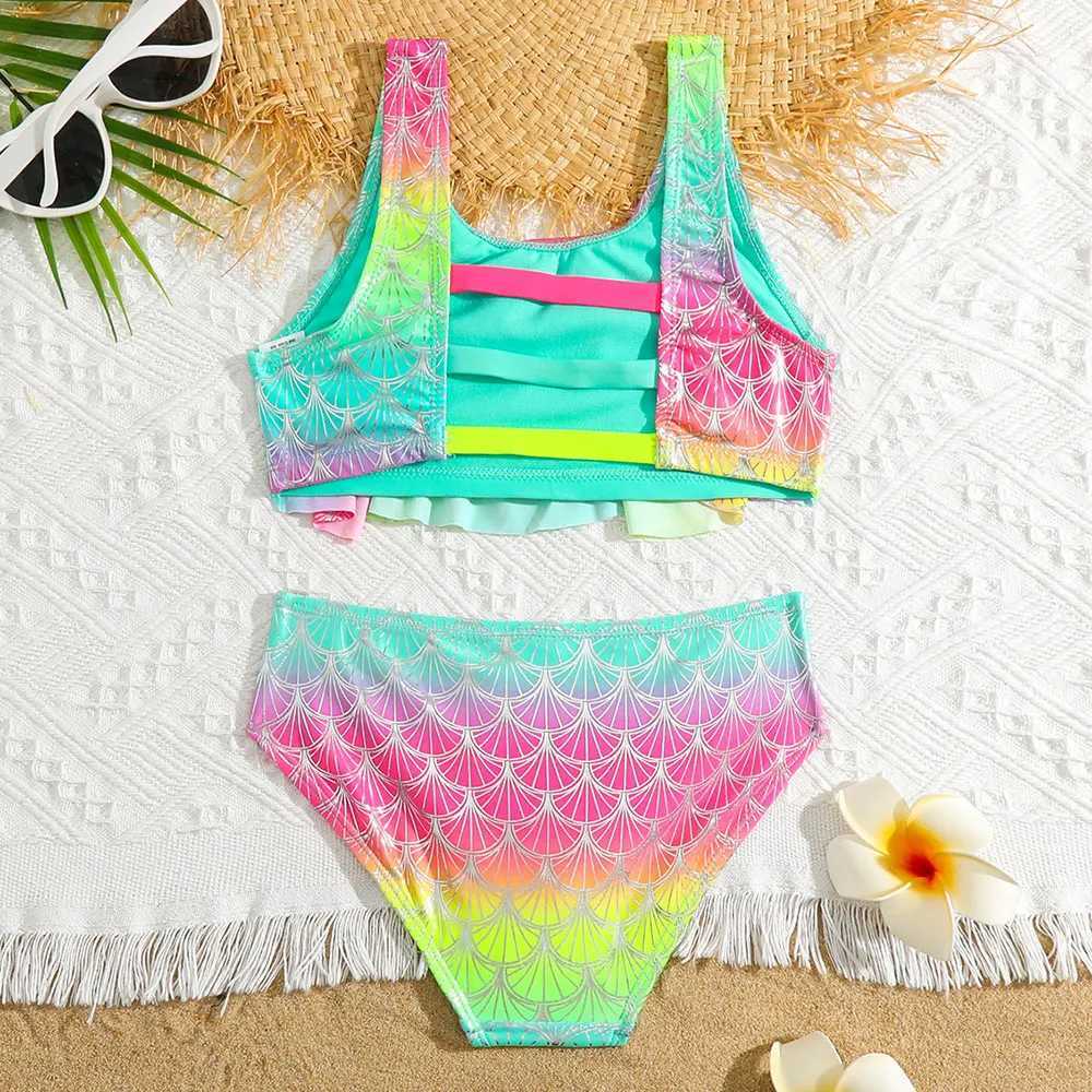 Swim Wear Girls Fish Scale Mermaid Bikini Swimsuit Kids Ombre Ruffle Two Piece Childrens badkläder 4-18 år Tonåring Baddräkt strandkläder 240423