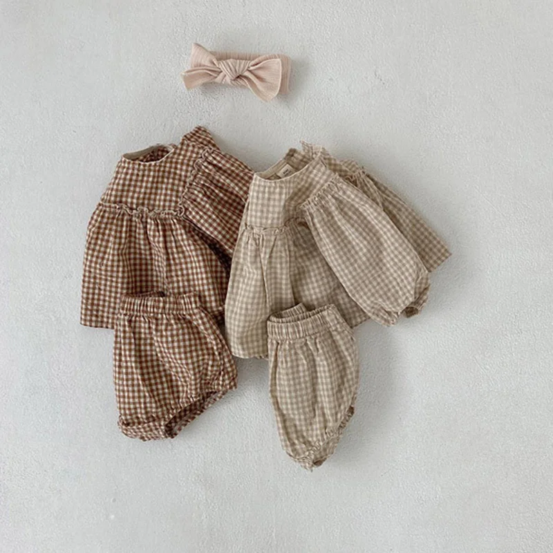 Sets Baby Girls Suit 2022 Baby Girls Vêtements Little Plaid Infant Girls Clothes Set Puff Sleeve Blouse + Bloomer Toddler Vêtements