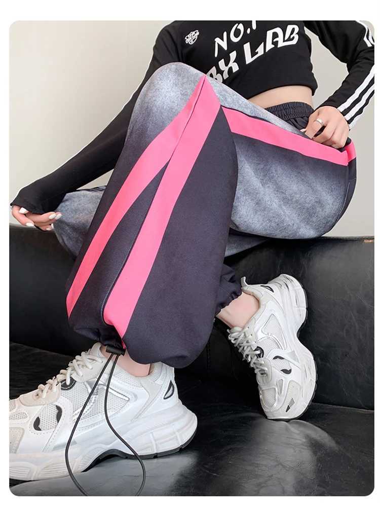 Women's Jeans Womens Splicing Tie Dye Design Drawstring Sports Pants Strt Style Fashion Female High Waisted Straight Neutral Thin Trousers Y240422