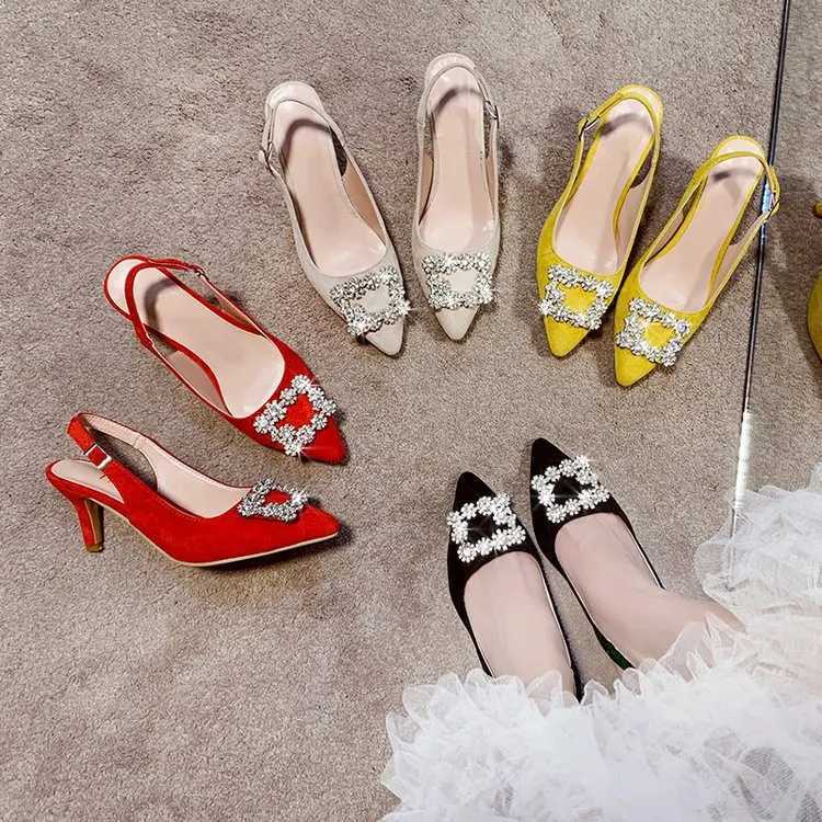 Kleding schoenen zachte lederen hakken vrouw puntige teen non-slip merk vrouwen pumps mode dames Rhinestone hoge schoenenjm87 H240423