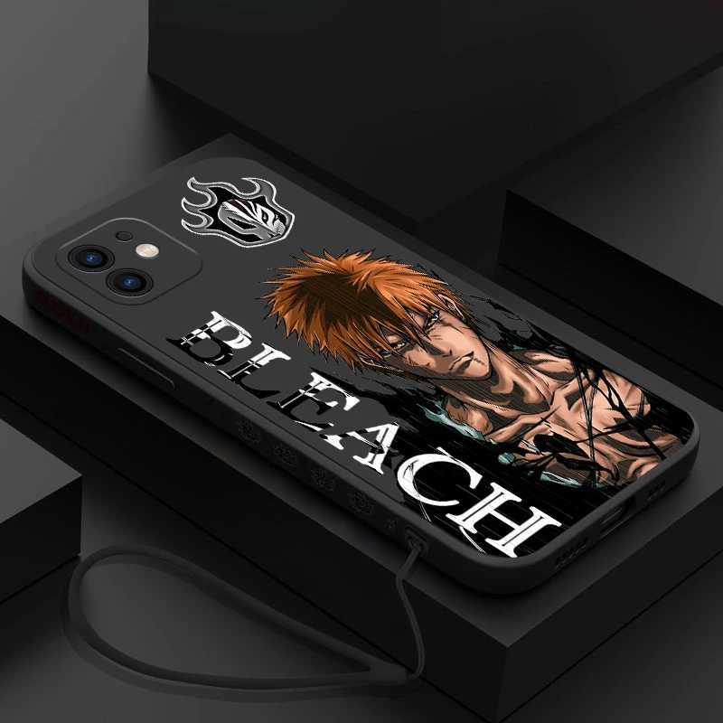 Téléphone cellulaire Bumpers Anime Bleach Ichigo Téléphone Case pour iPhone 15 14 13 12 11 Pro Max Mini x XR XS Max SE20 8 7 Plus Cois de silicone avec lanière Y240423
