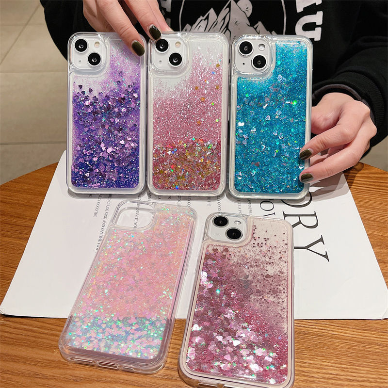 Glitter Luminoso Liquid Liquid Case para iPhone 15 14 13 12 11 Pro Max X XS XR Plus Silicone Back Cover