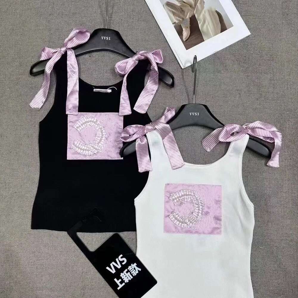 Designer brand loose embroidery High Quality Original Label Hang Tag Pink Lace Up Sweet Bow Strap Vest Slim Fit Sleeveless Top s