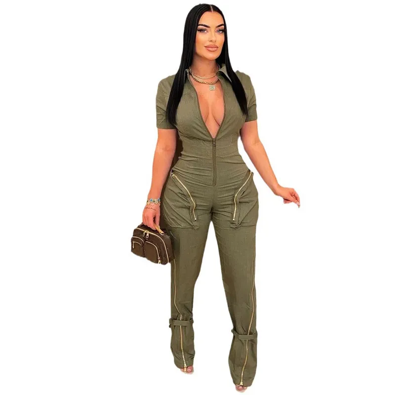 NEW Designer Spring Jumpsuits Women Short Sleeve Rompers Casual Turn Down Collar Zipper Overalls Solid Cargo Pants Bulk Wholesale Clothes 10982