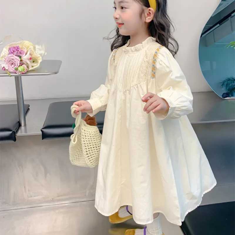 Vestidos de menina Novos filhos de verão Vestido Floral Border Baby Girl Dress Pleated Girls Girls Girls Puff Sleeve Princess H240423