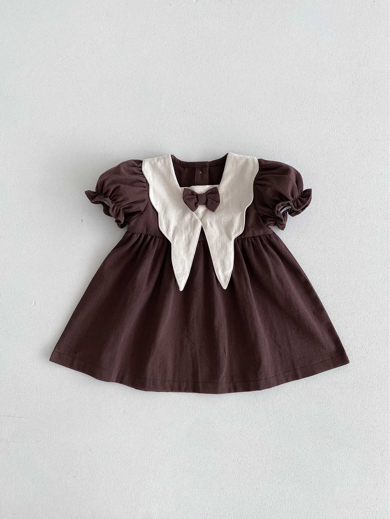 Mädchenkleider 2024 Sommer Neues Baby Girl Puff Ärmel Casual Kleid Preppy Stil Kind Kleinkind Puppenkragen Vintage Prinzessin Kinder Kleidung H240423