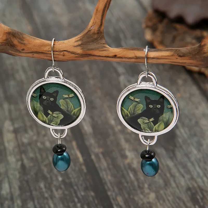 Dangle Chandelier Vintage Round Black Cat Earrings for Women Ethnic Antique Silver Color Painting Green Leaves Blauwe Parel Dangle Earrings d240323