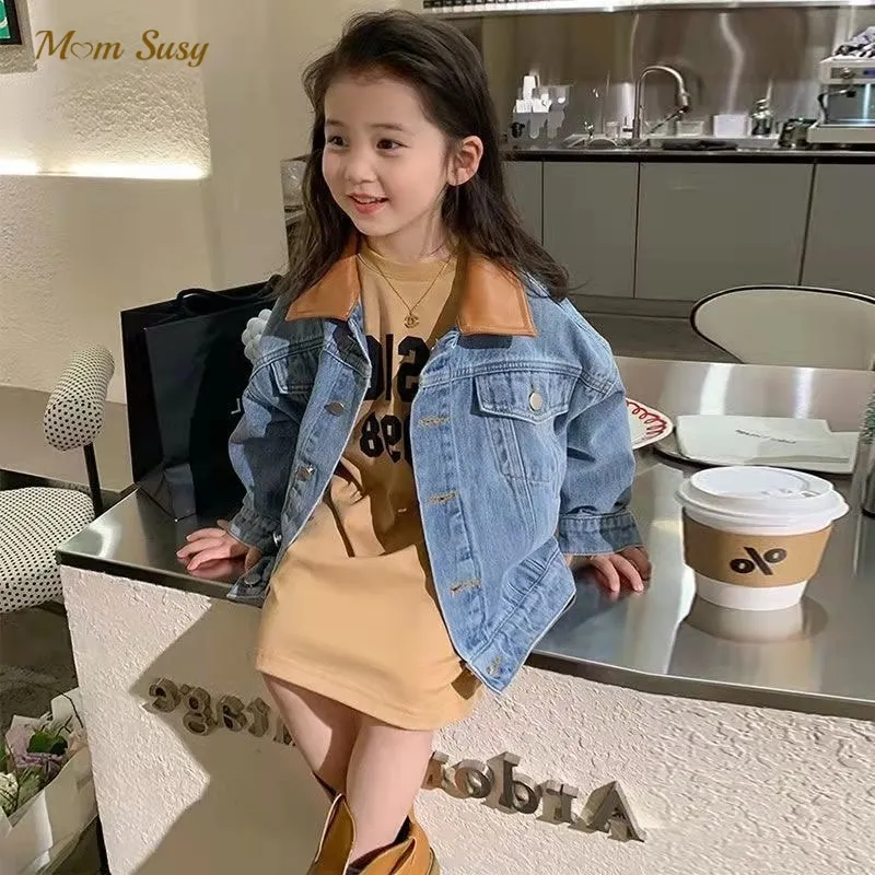 Schichten Fashion Baby Boy Girl Jean Jacke Lederkragen Kleinkind Kinder Denim Mantel Kinder Outwear Freizeit Frühling Herbst Baby Kleidung 112y