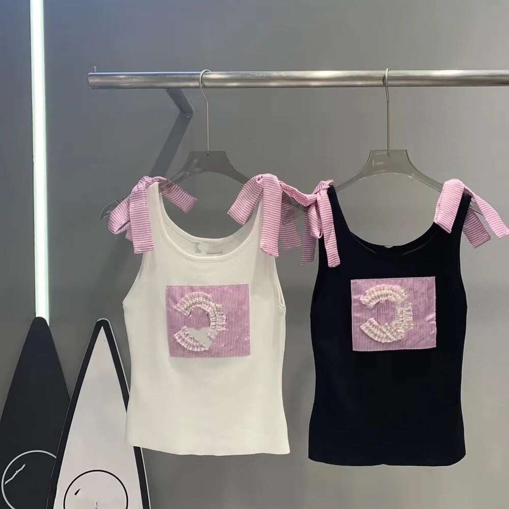 Designer brand loose embroidery High Quality Original Label Hang Tag Pink Lace Up Sweet Bow Strap Vest Slim Fit Sleeveless Top s