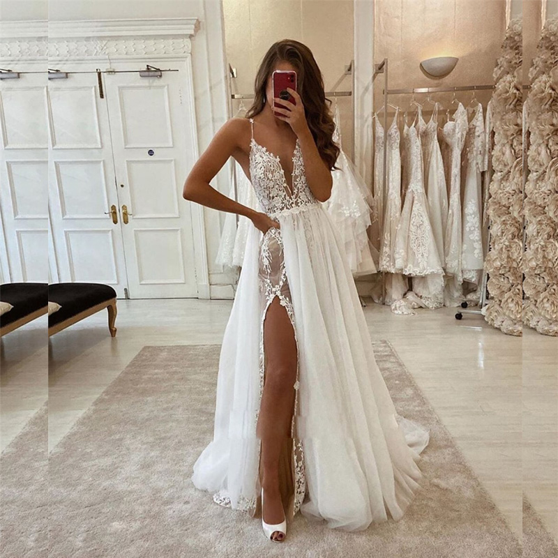 Beautiful Flowers lace Split Side Wedding Dresses Sexy Straps Wedding Dress For Bride Beach Bridal Gown