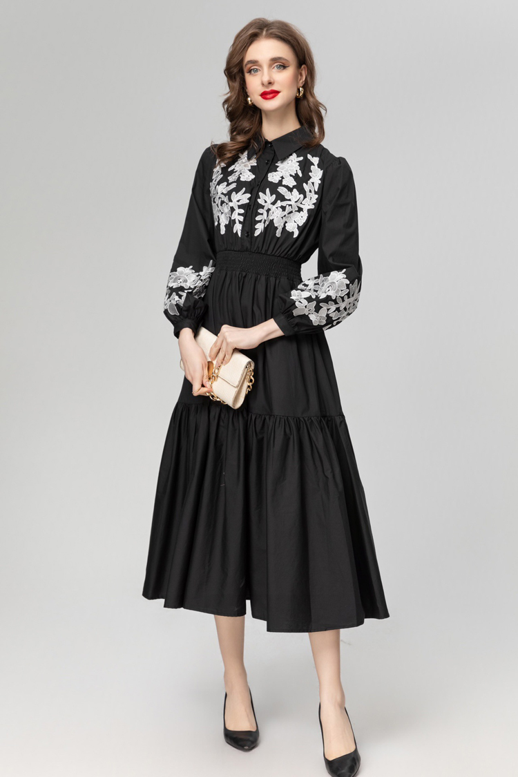 Women's Runway Dresses Turn Down Collar Long Sleeves Embroidery Elastic Waist Ruffles Fashion Mid Vestidos