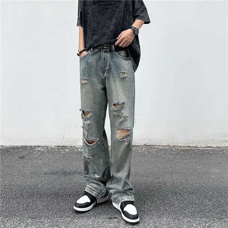 Women's Jeans Vintage Strtwear Dark Blue Jeans Women High Waist Ripped Denim Trousers Female Hip Hop Straight Loose Wide Leg Pants Y240422