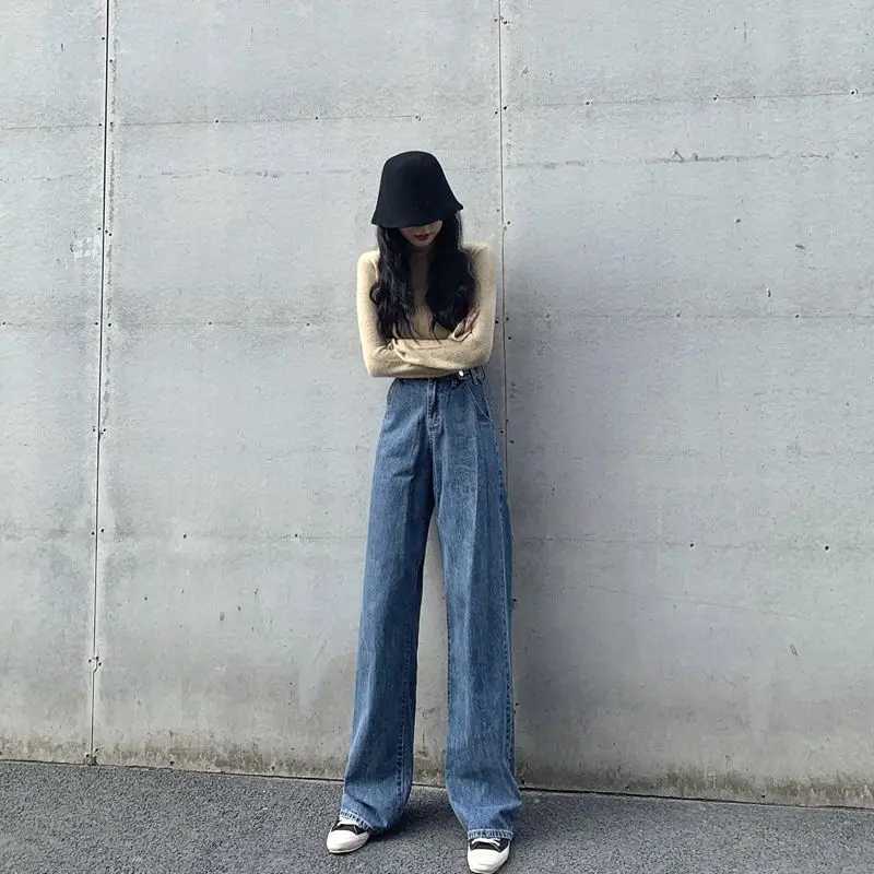 Women's Jeans New Light Blue Jeans For Women Washed Retro High Waist Straight Long Loose Wide Leg Jeans Women trousers strtwear pants Y240422