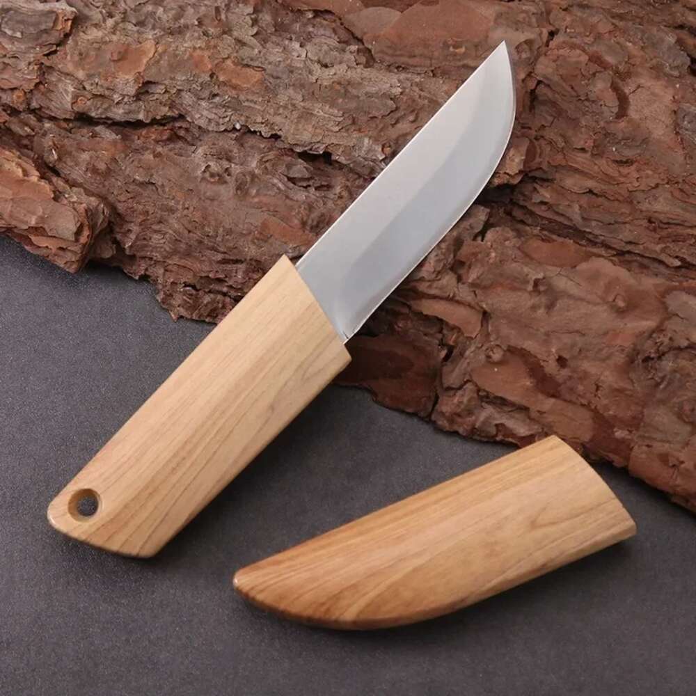 EDC便利なストレートナイフ、固定ブレード、多機能フルーツナイフ、木製の鞘付きの切断ナイフ、バーベキューナイフ
