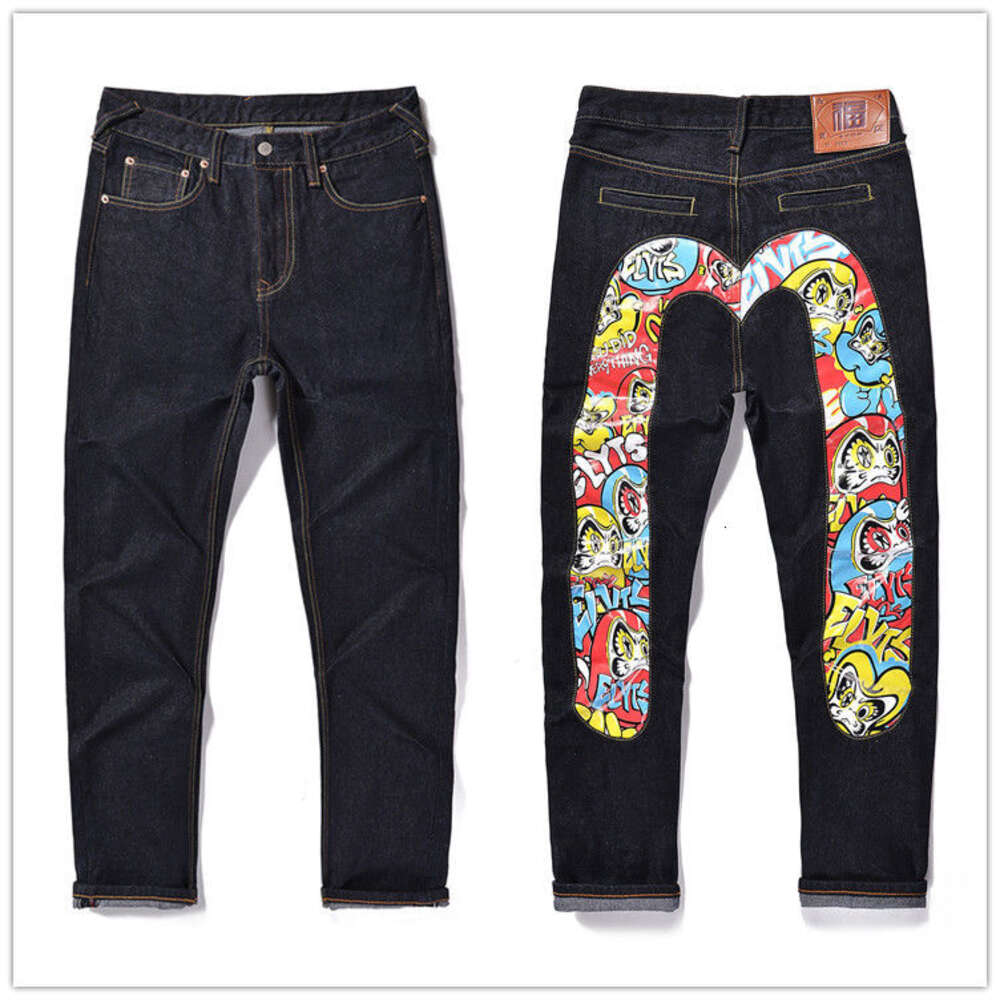 Fu shen trendy personalisierte Männer vielseitige Mikro -Lein -Jeans mit großen M -gedruckten Graffiti -gestickten langen Hosen in Originalfarbe 357175