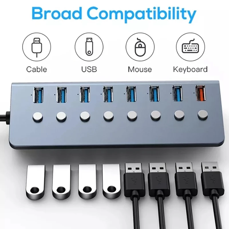 Hubs USB Hub 7 Ports USB3.0 5Gbps+1XUSB Charging Port Hub Splitter Extension with Independent Switch External Power Supply