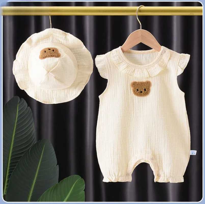Rompers Summer New Baby Set cienki bawełniany krótki rękaw Romper+kapelusz niemowlę chłopiec dziewczyna kreskówka Niedźwiedź