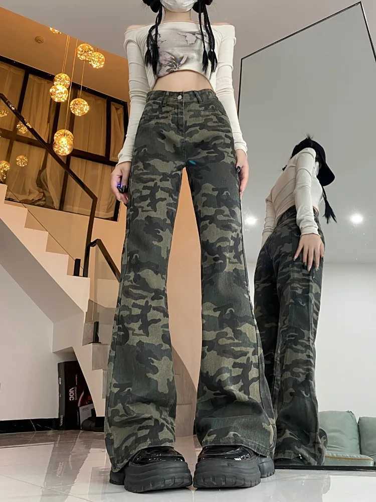 Dames jeans dames Amerikaans retro hiphop camouflagebroek lente herfst strt stijl contrasterend kleurontwerp sexy vrouwelijke casual broek y240422