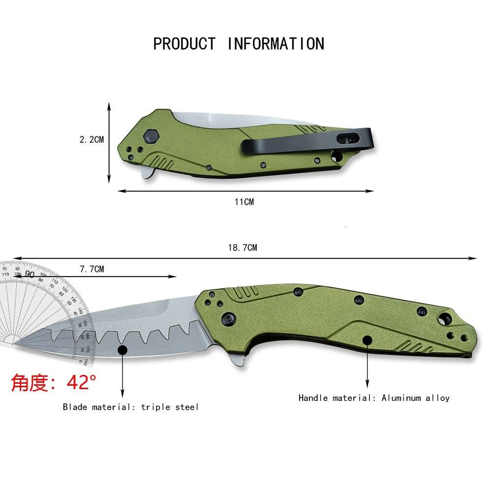 Outdoor Pocket Flipper Tactical Folding Knife 3" CPM-D2 Plain Blade, Olive Aluminum Handle Camping Hunting Knives EDC Tool