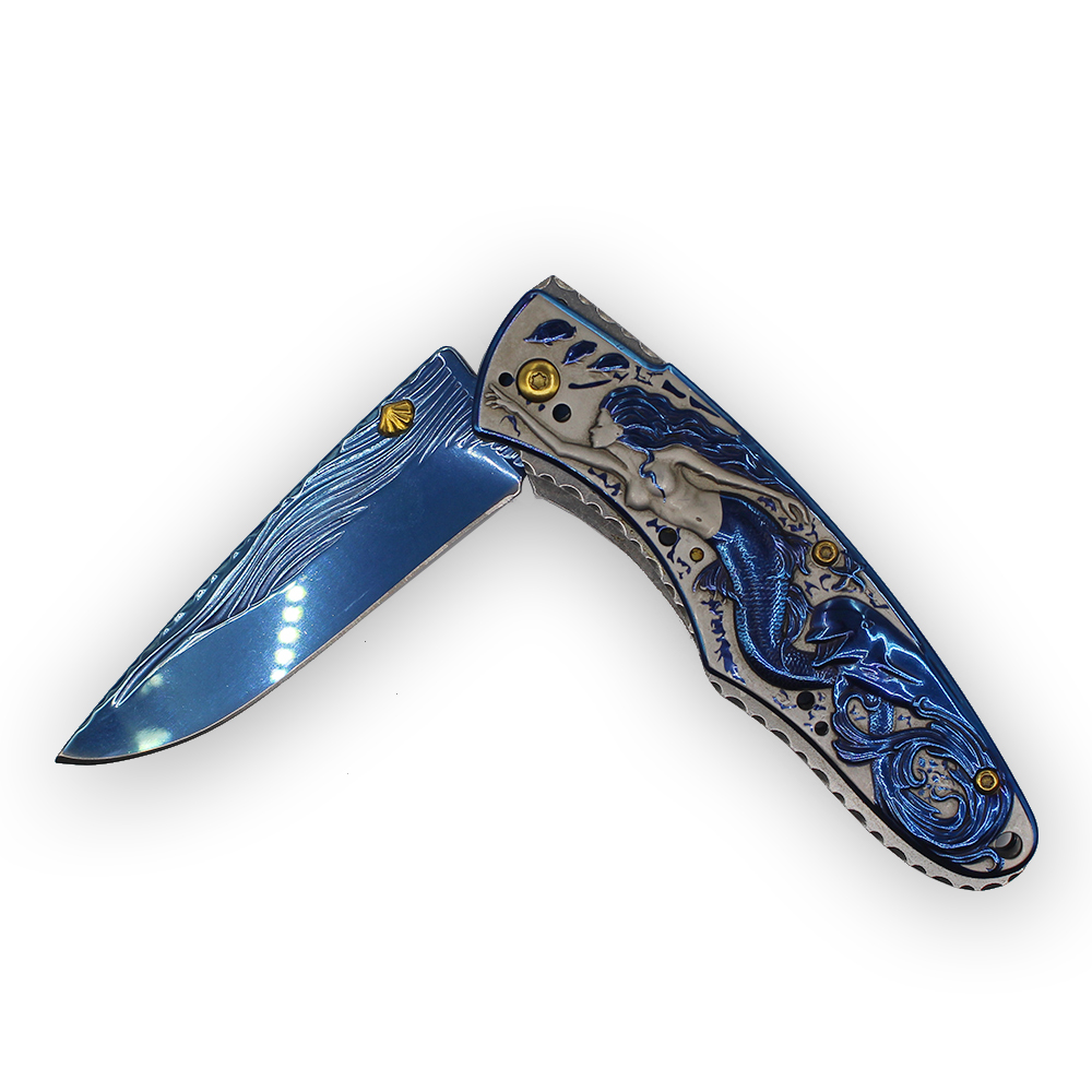 Promotion A6715 Assisted Flipper Folding Knife 8Cr13Mov Blue Titanium Coated Drop Point Blade Stainless Steel Handle Outdoor Survival Tactical EDC Pocket Knives