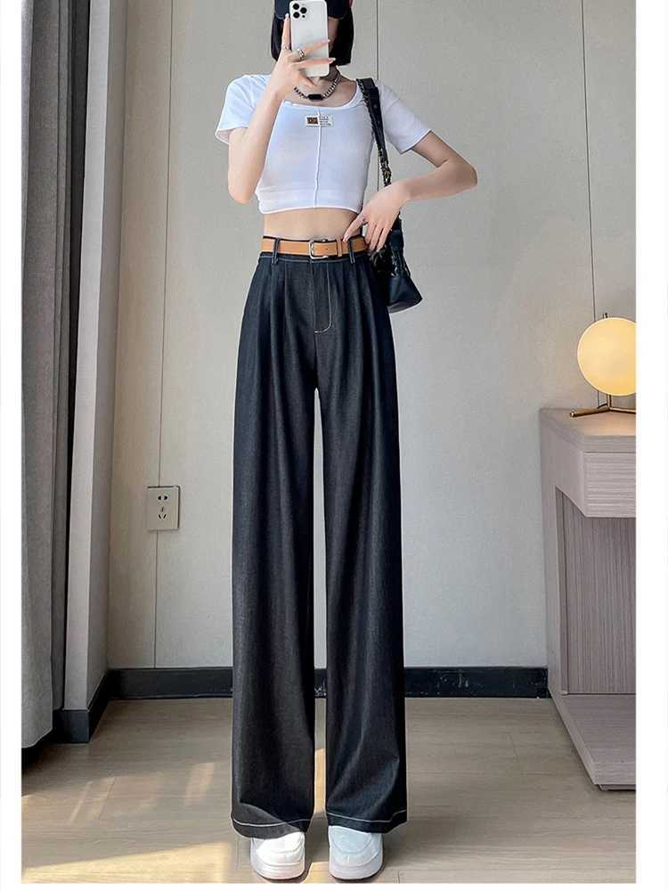Women's Jeans Womens Solid Color Denim Blue Thin Pants Summer New Fashion Commuter Casual Loose Bottom Female Loose Wide Leg Trousers Y240422