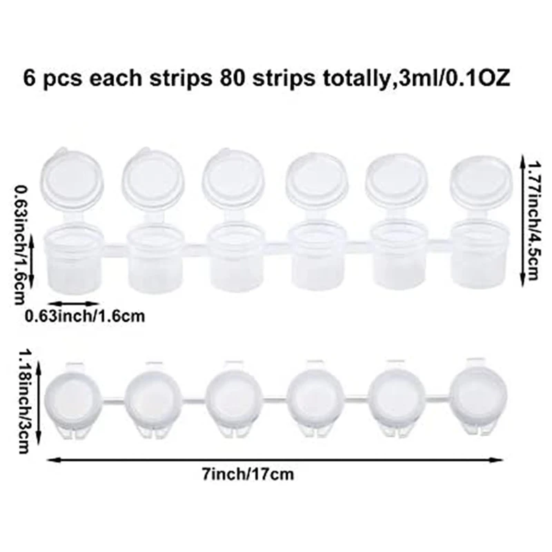 Conjuntos 80 tiras 480 macetas Strips de pintura vacías taza de pintura mini macetas de pintura contenedores de almacenamiento transparente para arte de pinturas 3 ml