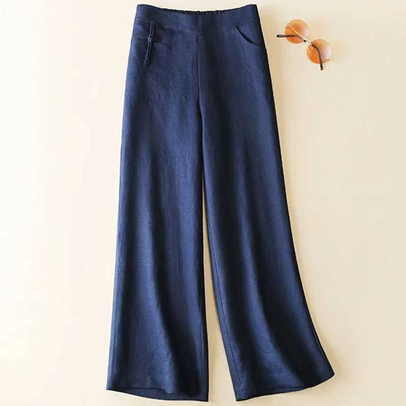 Jeans femminile coreano pantaloni gamba larga ad alta gamba elastica elastica pantaloni casual vintage dritti pantaloni di lino in cotone largo y240422